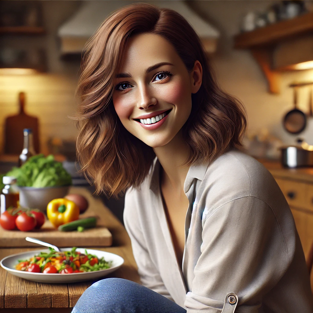 dall·e 2024 11 15 14.17.22 a hyper realistic depiction of a woman in her early thirties, with shoulder length brown hair, wearing a casual outfit (a light blouse and jeans). she