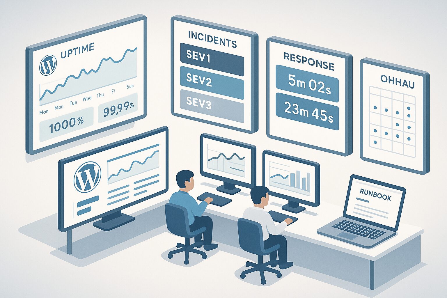 Centre d’opérations surveillant un SLA WordPress avec indicateurs et astreintes