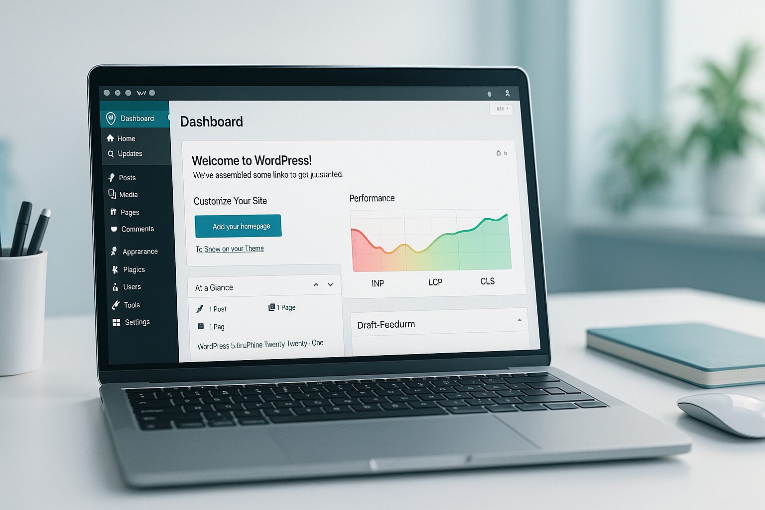Tableau de bord WordPress avec graphiques Core Web Vitals en amélioration