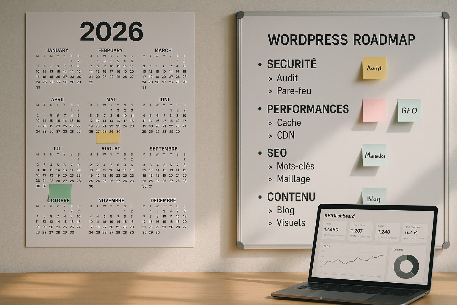 Feuille de route 2026 WordPress avec calendrier, backlog et KPI.