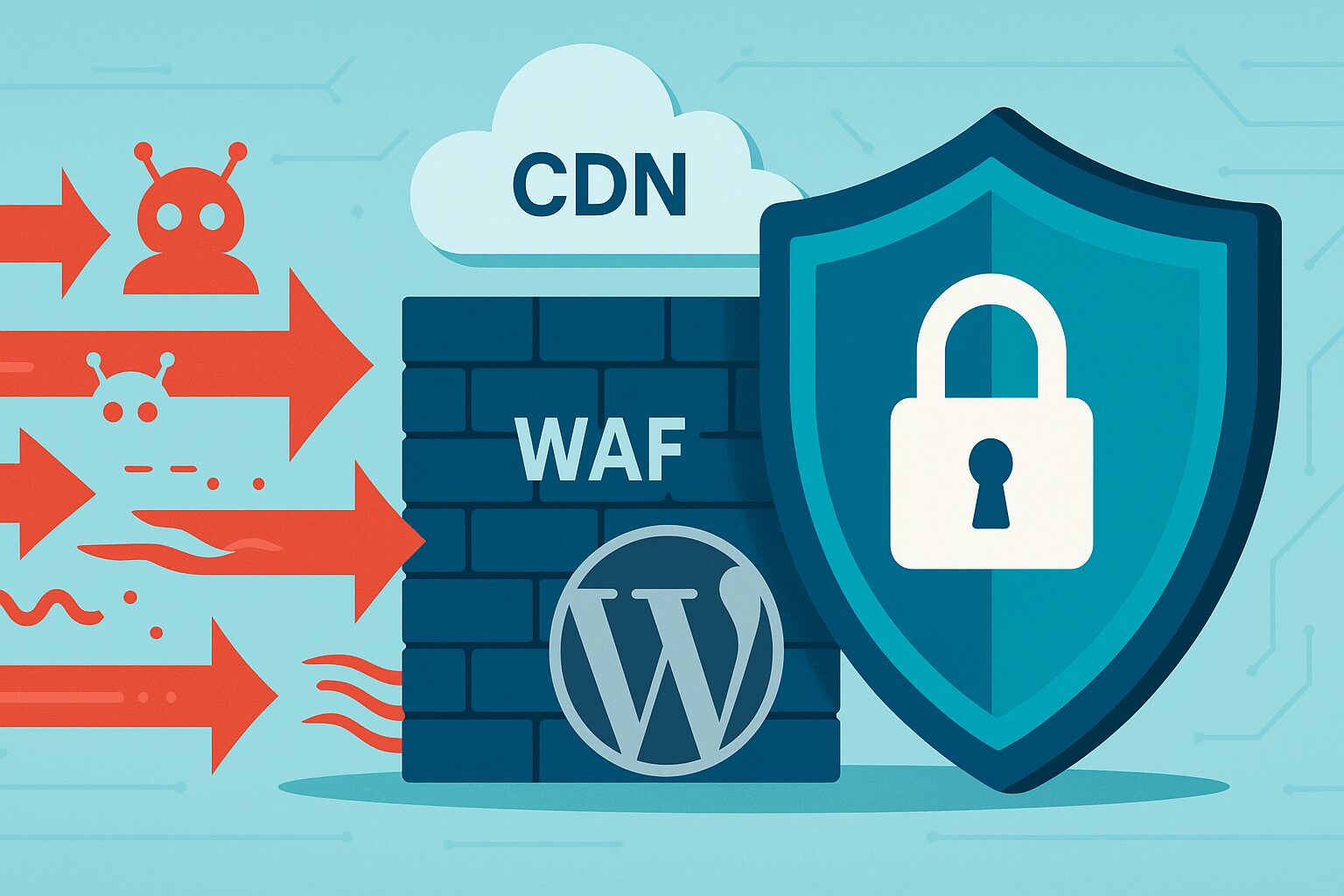 Bouclier WAF et CDN bloquant un trafic malveillant avant WordPress