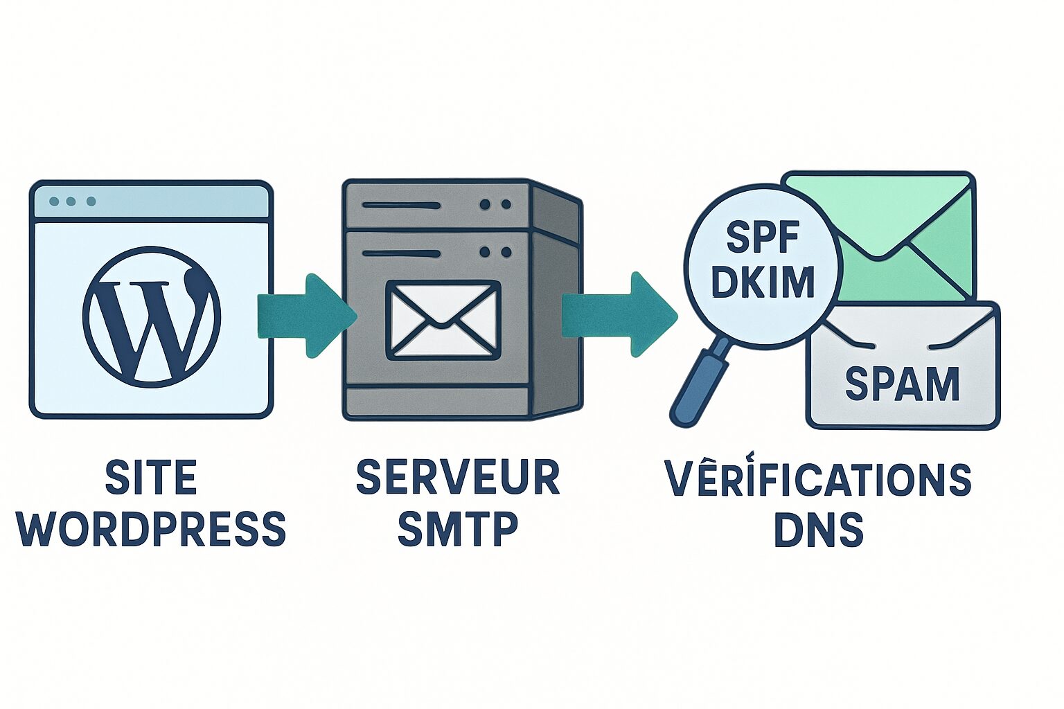 Parcours d’un e-mail WordPress avec vérifications DNS SPF, DKIM, DMARC