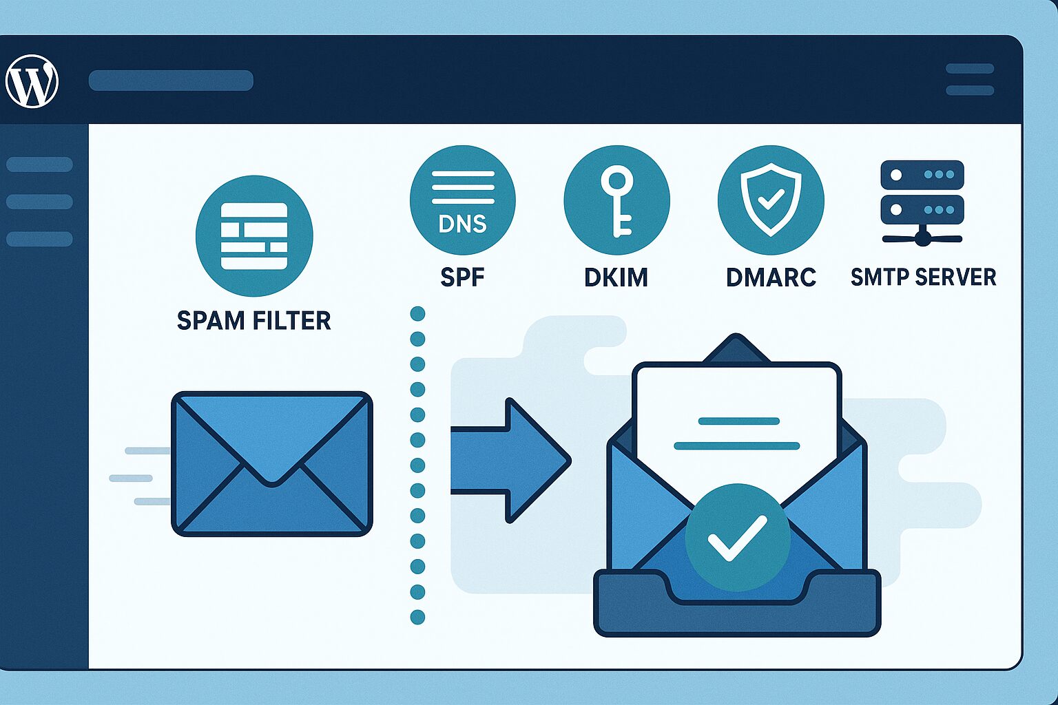 Schéma visuel de la chaîne SPF, DKIM, DMARC et SMTP pour les e-mails WordPress