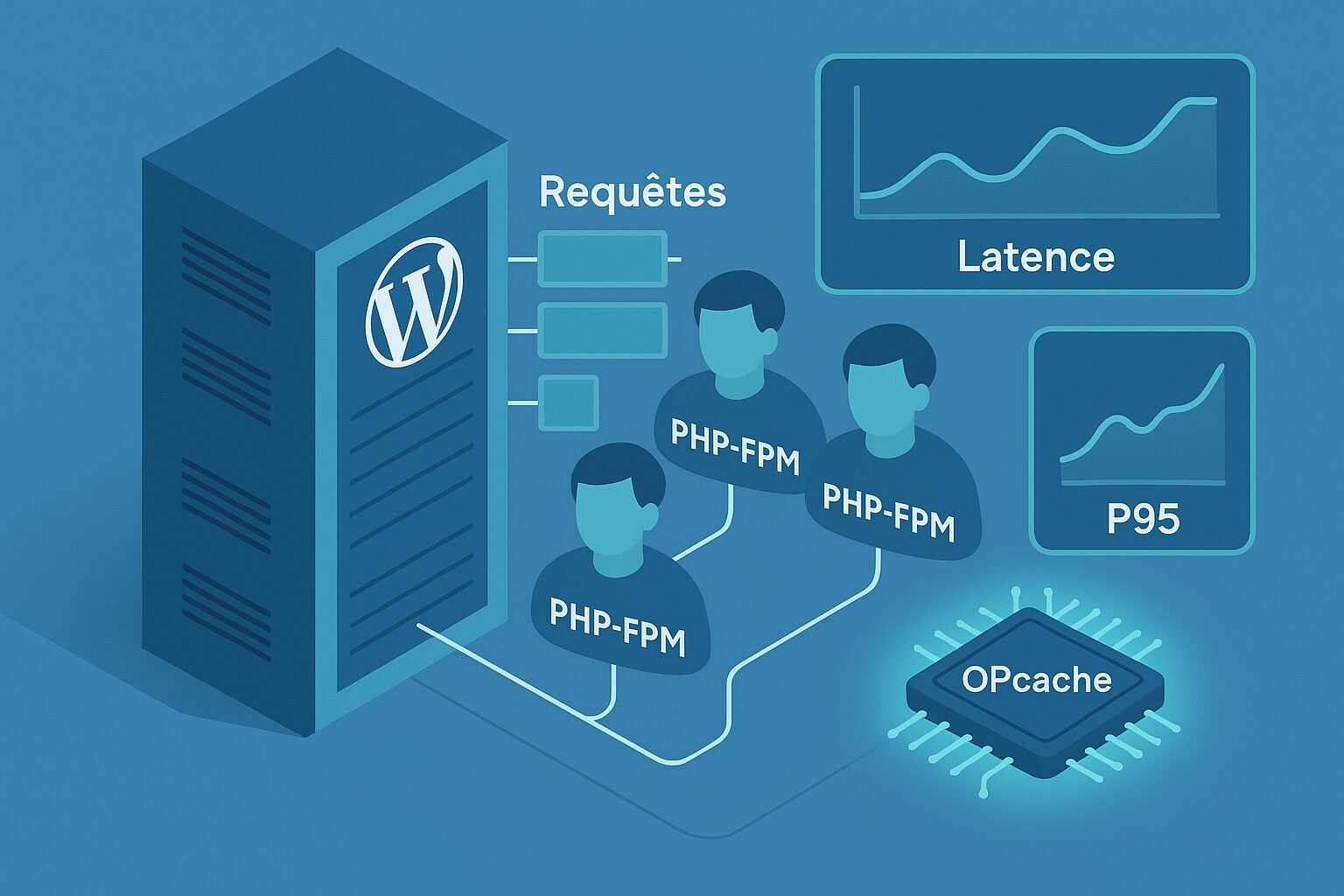 Schéma conceptuel : WordPress sous forte charge avec PHP workers, FPM et OPcache.
