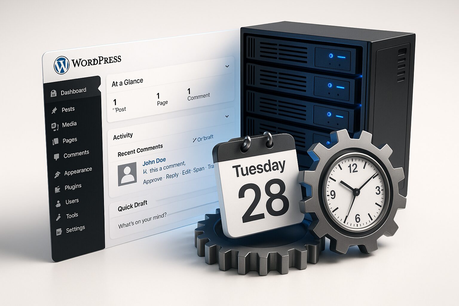Illustration d’un serveur et d’un calendrier illustrant WP‑Cron vs cron serveur